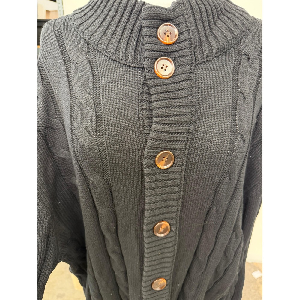 Black Cable Knit Button Cardigan Sweater / Oversized Mock Neck Cardigan Size 3XL